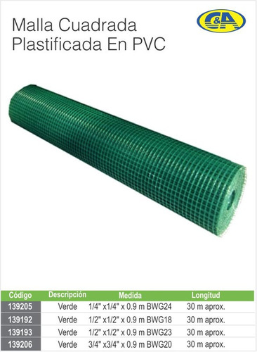 C&A MALLA CUA PLAST 1/2 X1/2 X0.9mx30mx6.6kg Bwg23